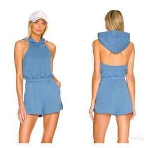 Lovers + Friends Brie Romper in Soft Navy Open Back Hooded Halter Pull On Sz M